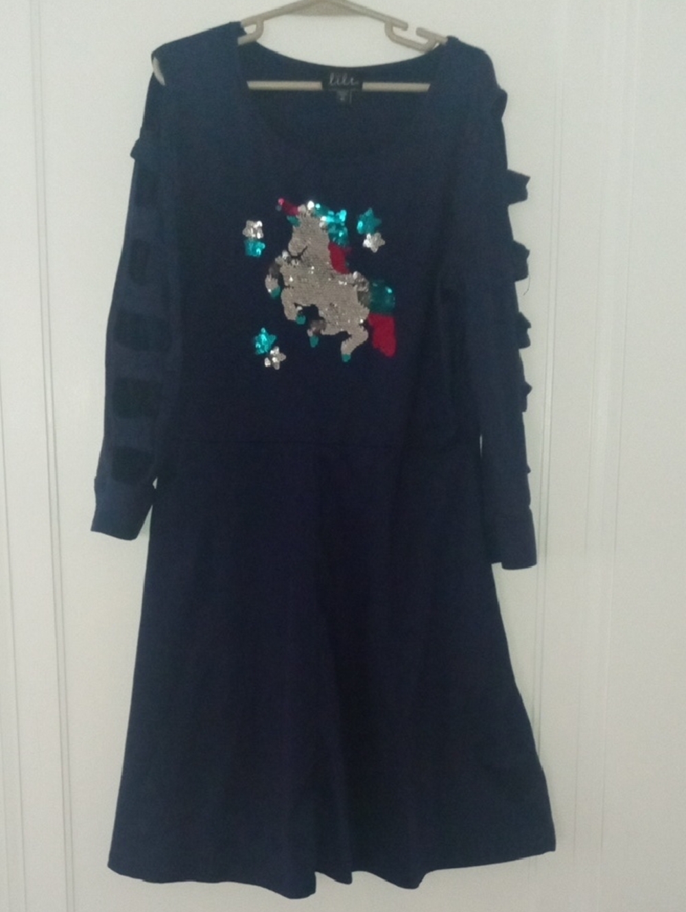 girl 12 navy blue sequin unicorn dress, cutout accent sleeves